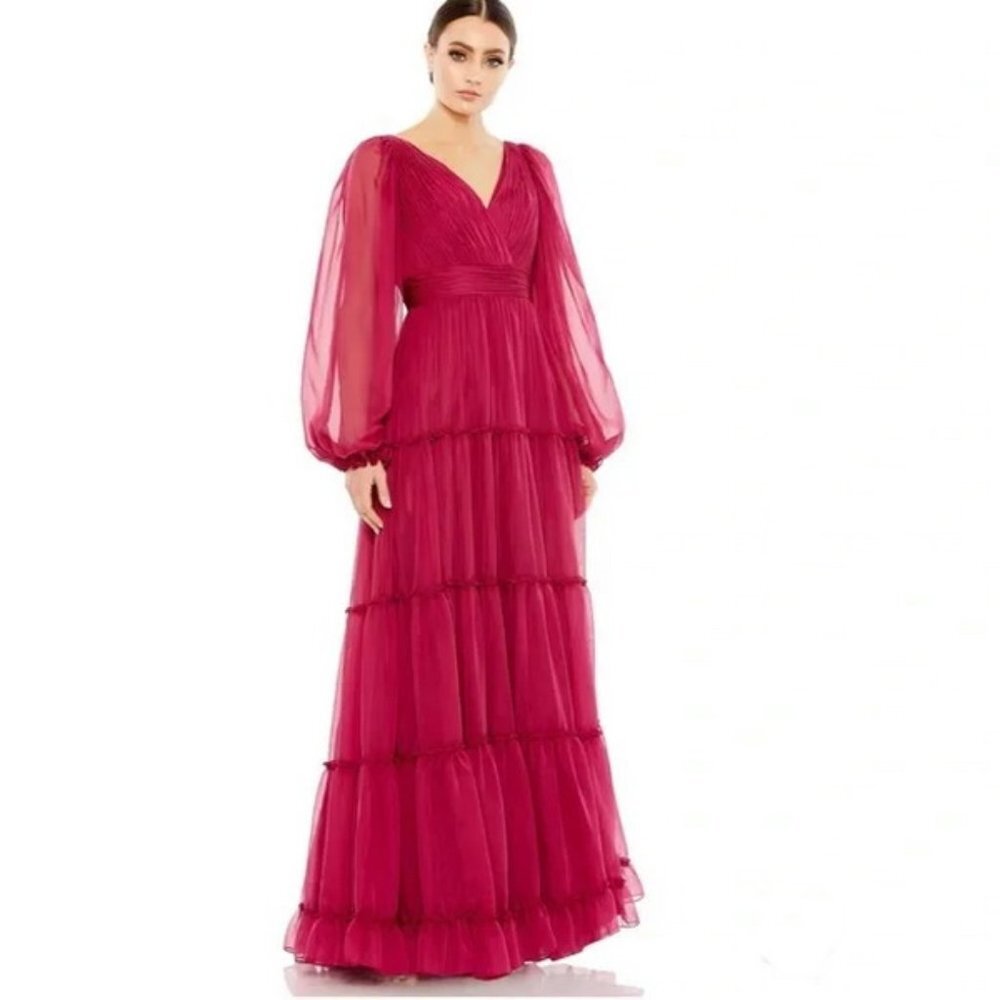 Mac Duggal Berry Ruffle Tiered Long Puff Sheer Sleeve A-Line Gown